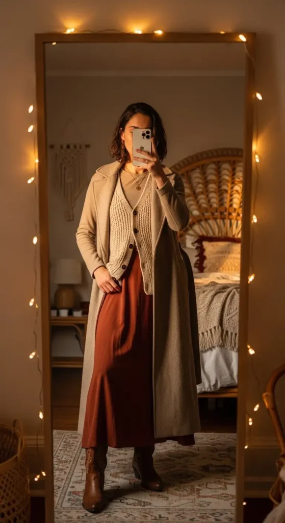 Boho winter uni aesthetic mirror selfie: rust maxi skirt, cream knit vest, longline coat, and brown cowboy boots