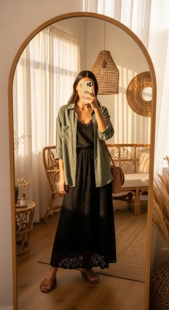 Mirror selfie showing a breezy linen shirt black lace skirt outfit idea for summer in a warm boho room