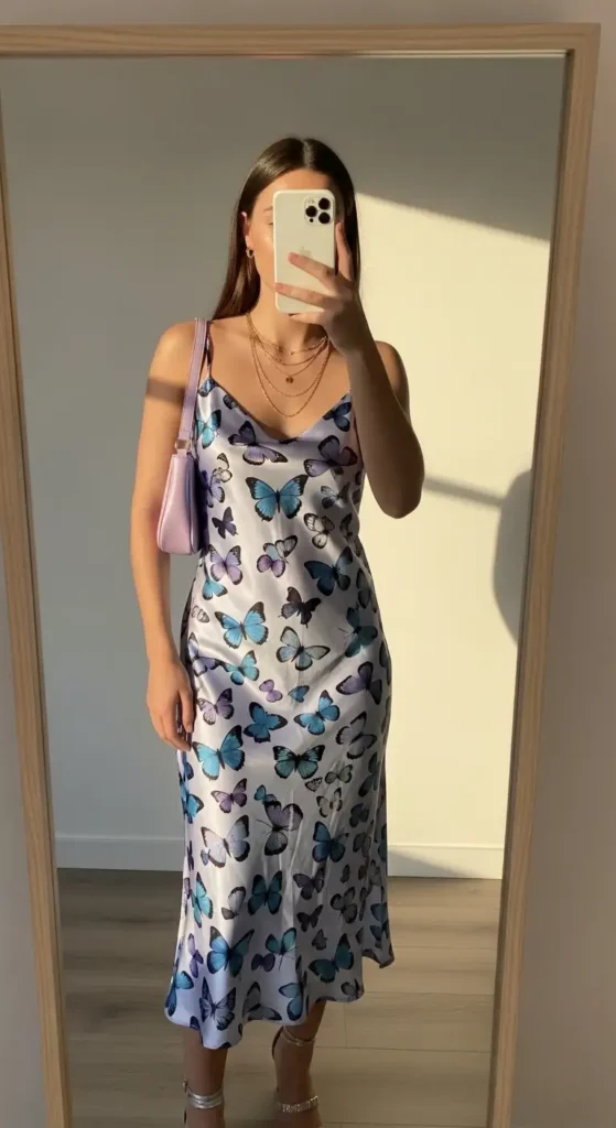 Tropical Y2K Outfit Ideas: butterfly print satin slip midi dress styled with a lilac shoulder bag