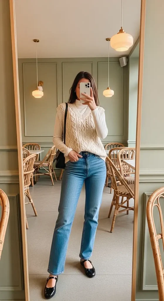 Aesthetic winter outfit ideas with jeans: cream cable-knit sweater vest, straight jeans, black Mary Janes in a café