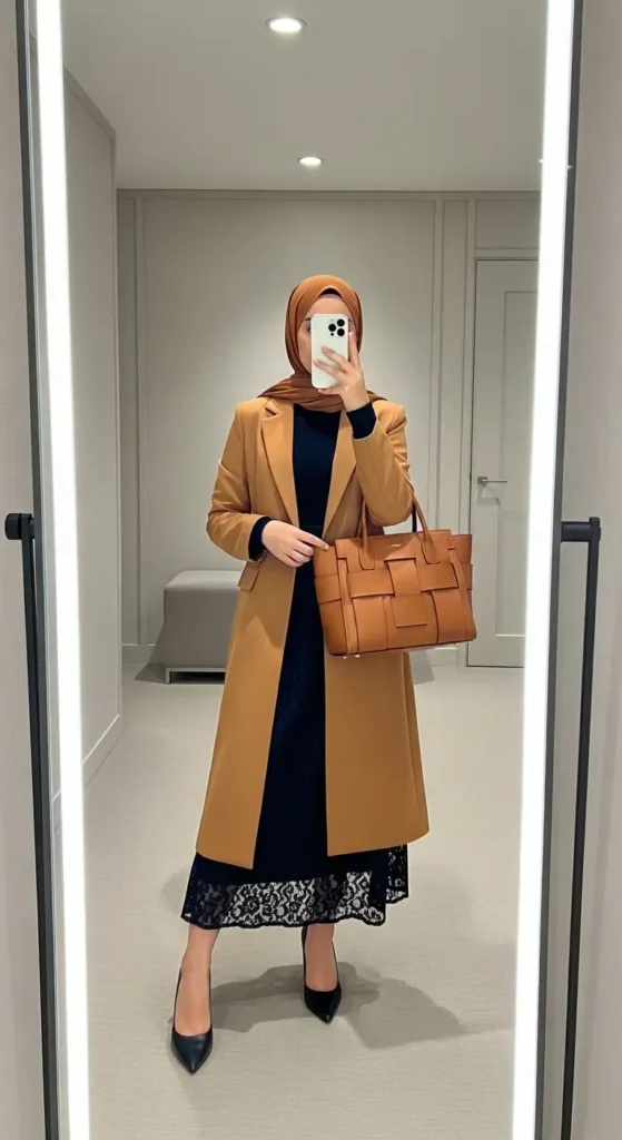 Camel blazer over black lace skirt with hijab — one of 10 Black Lace Skirt Outfit Ideas with Hijab