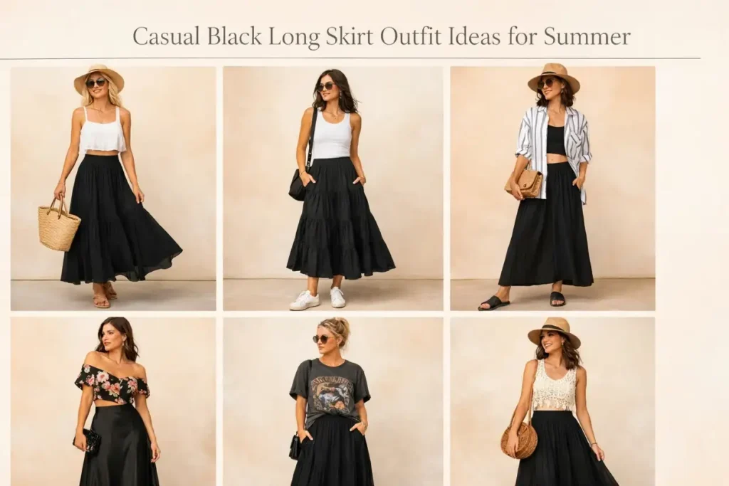Six casual black long skirt outfit ideas for summer displayed in an editorial photo collage grid