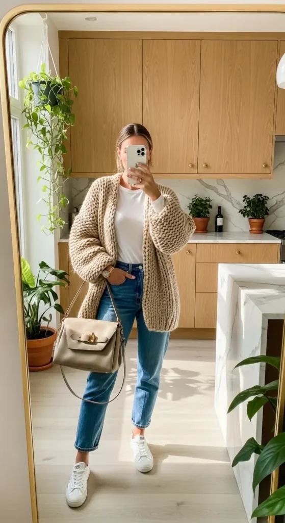 Aesthetic winter outfit ideas with jeans: chunky knit cardigan, boyfriend jeans, white sneakers in a Scandinavian kitchen