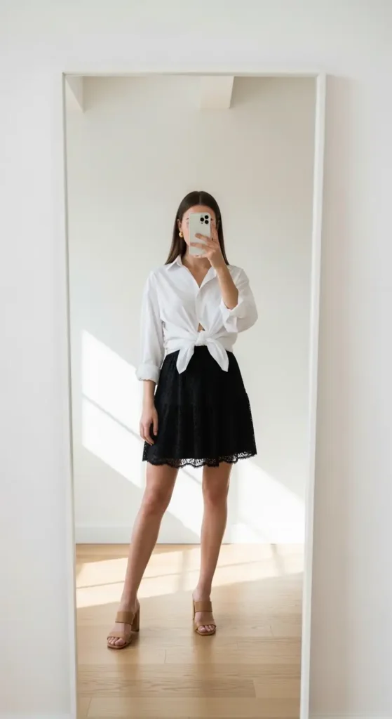 Mirror selfie of a white button-down tied at the waist as a black lace skirt outfit idea for summer
