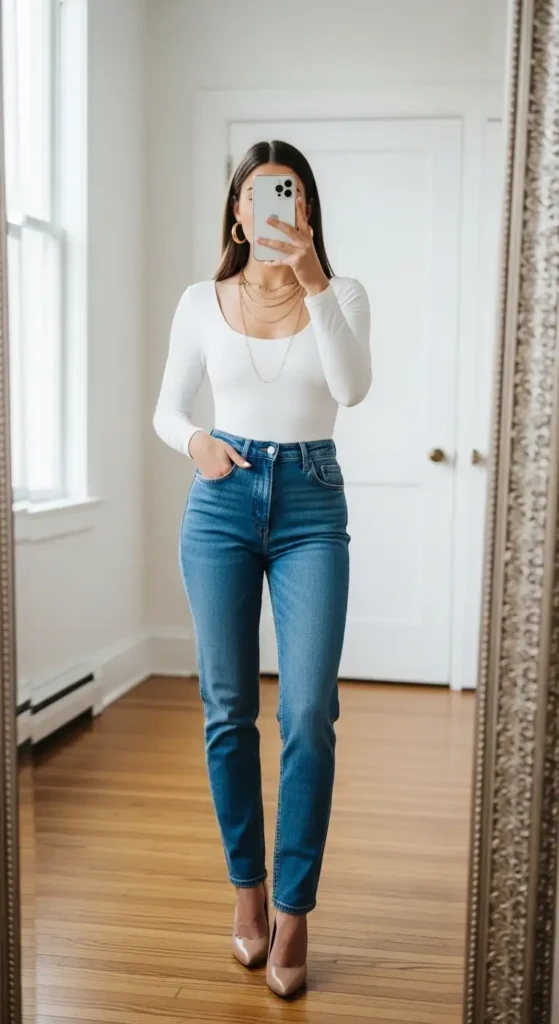 Classic birthday photo shoot outfit with jeans — white long-sleeve top, high-waisted blue jeans, and nude heels
