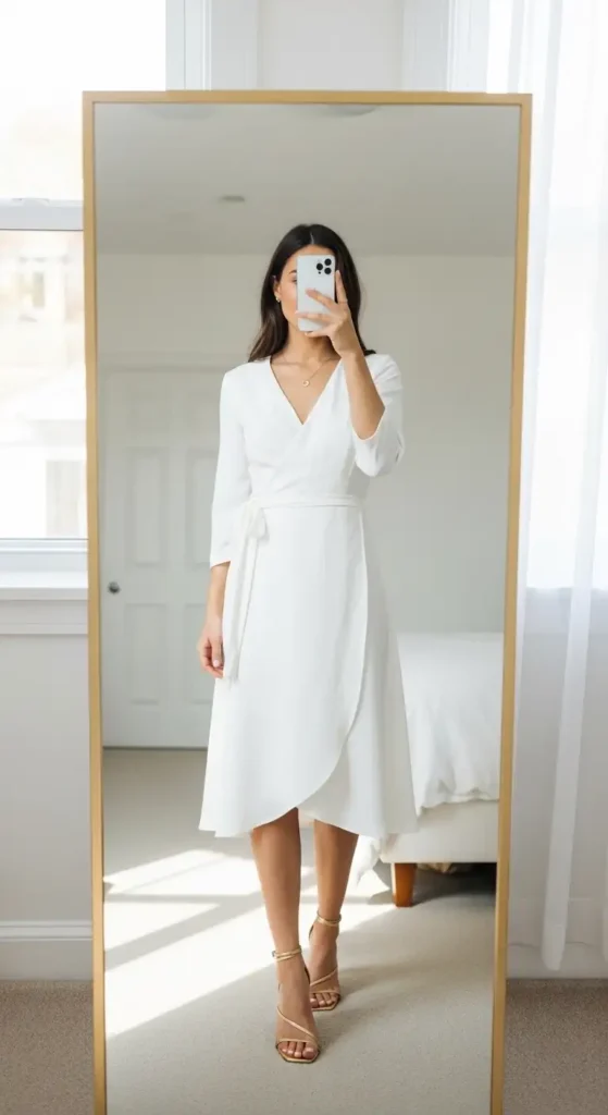 Birthday Photo Shoot Outfit Ideas mirror selfie in a classic white wrap midi dress with gold heels