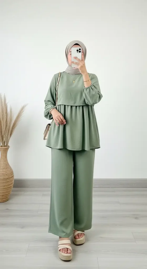 Stylish sage green coordinated top and wide-leg pants with hijab – Birthday Girl Outfit Ideas With Hijab.