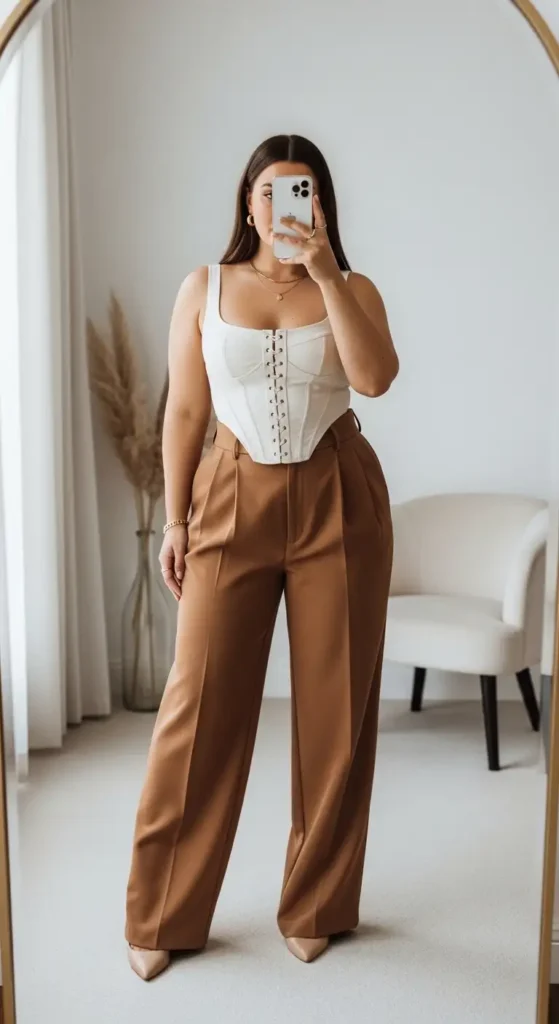 Birthday Photo Shoot Outfit Ideas plus size mirror selfie in cream corset top and wide-leg camel pants