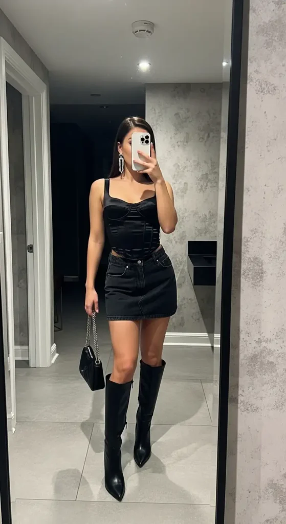 All-black look from 10 black denim skirt outfit ideas: corset top, mini skirt, and knee-high boots