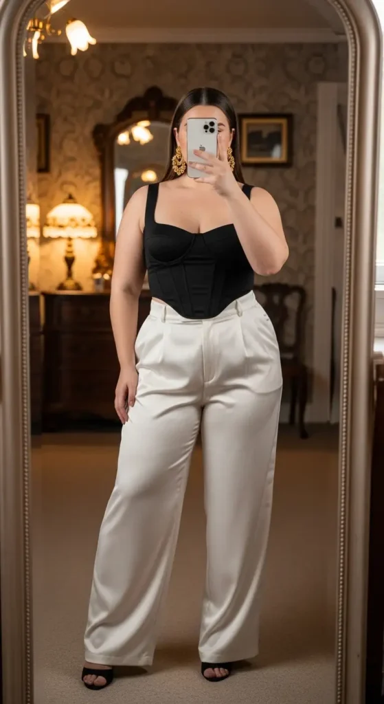 Black corset top with wide-leg ivory trousers — a chic birthday photo shoot outfit for plus size women