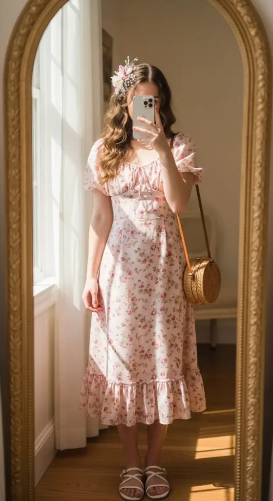 Cottagecore floral pink midi dress mirror selfie — a romantic pink birthday photo shoot outfit idea with ruffled hem