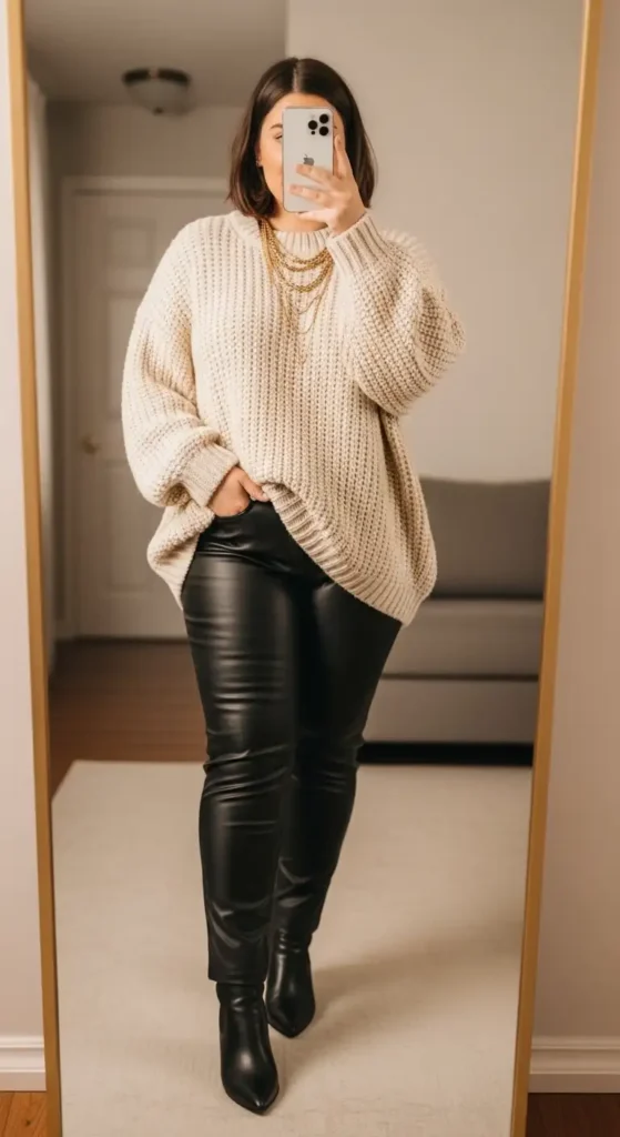 Cream knit sweater with faux leather pants — a cozy birthday photo shoot outfit idea for plus size women.