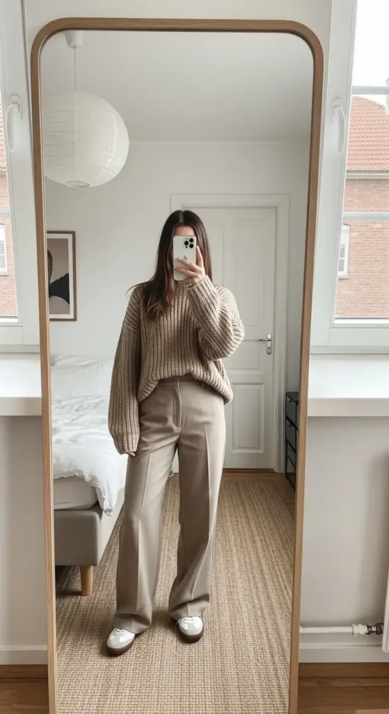 Cozy Scandinavian winter uni aesthetic mirror selfie: chunky oatmeal knit sweater, wide-leg trousers, white sneakers
