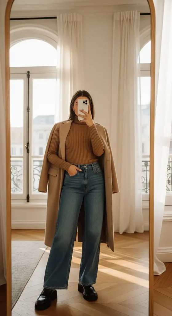 Aesthetic winter outfit ideas with jeans: camel turtleneck, wide-leg jeans, and loafers in a bright Parisian apartment