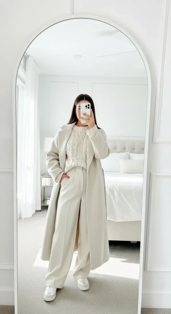 Monochromatic winter uni aesthetic mirror selfie: cream cable knit, wide-leg trousers, and a longline wool coat