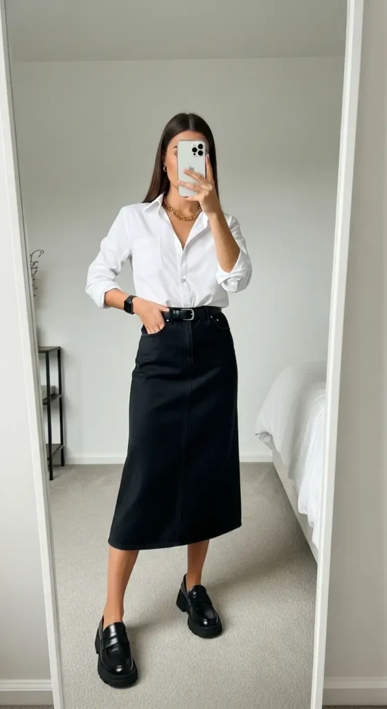 10 black denim skirt outfit ideas: crisp white button-down shirt, black belt, and chunky loafers