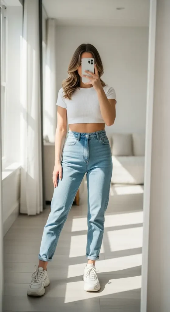 Casual birthday photo shoot outfit with jeans — white crop top, light-wash mom jeans, and chunky white sneakers