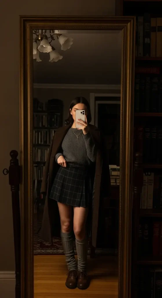 Dark academia winter uni aesthetic mirror selfie: plaid mini skirt, dark knit sweater, knee socks, oxford shoes
