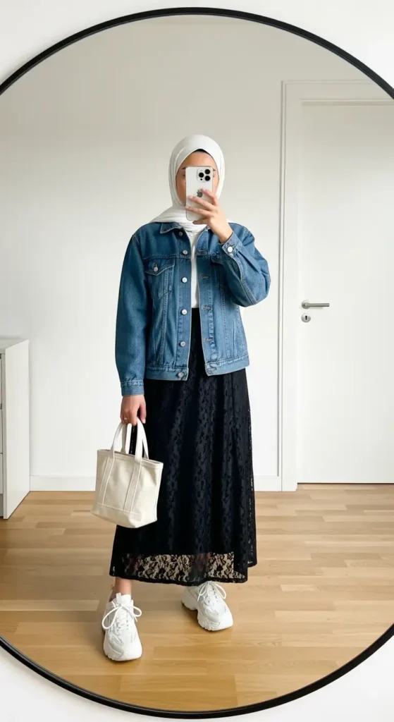 Denim jacket and black lace skirt hijab mirror selfie from 10 Black Lace Skirt Outfit Ideas with Hijab