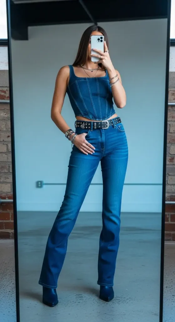 Mirror selfie of a woman in a denim crop top and jeans with a studded belt for Y2K Party Outfit Ideas for Women.