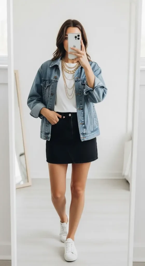 10 black denim skirt outfit ideas: denim-on-denim with blue jacket, white tee, and white sneakers