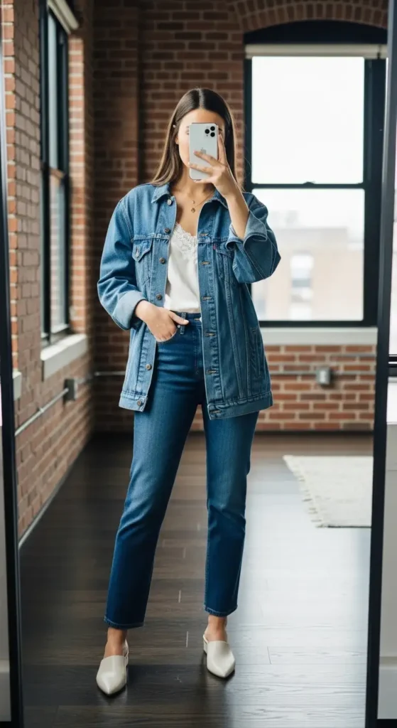 Double denim and a lace cami: classic Early 2000s Outfit Ideas.