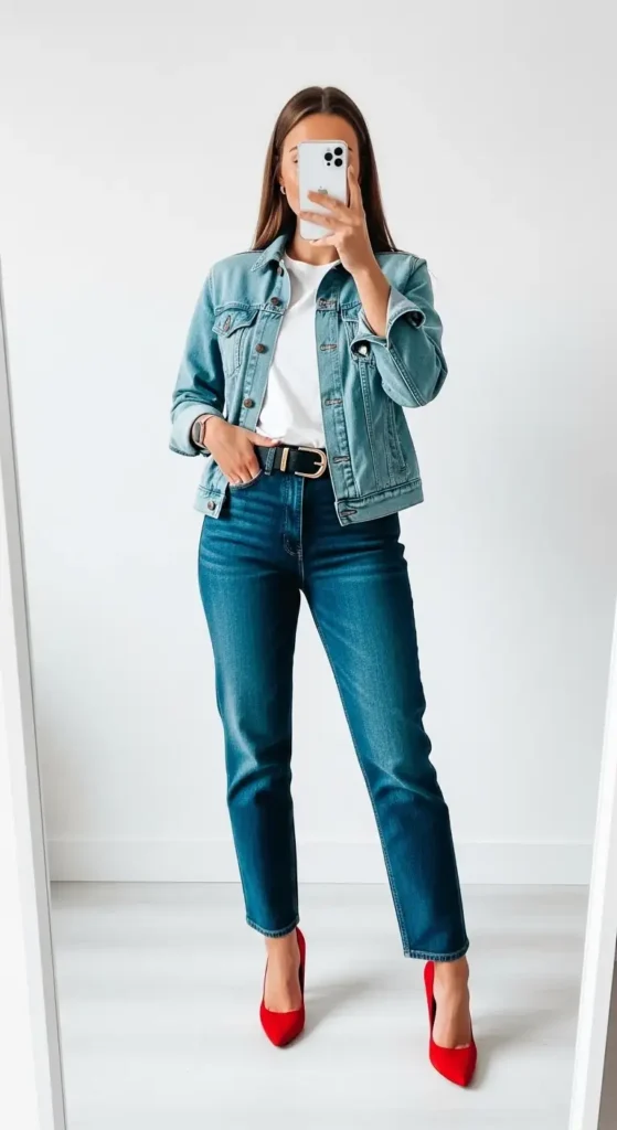 Denim-on-denim birthday photo shoot outfit with jeans — light jacket, white tee, dark jeans, and red heels
