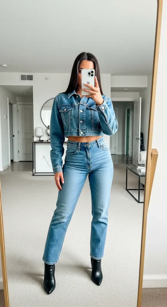 Woman rocking full denim-on-denim look with cropped jacket and jeans with black boots for Party Outfit Ideas of 90s Style.