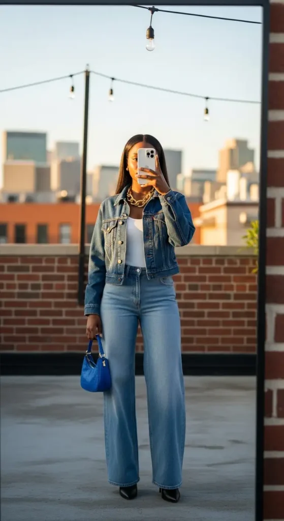 Denim-on-denim birthday brunch outfit idea for Black women — wide-leg jeans, cobalt bag, rooftop mirror selfie