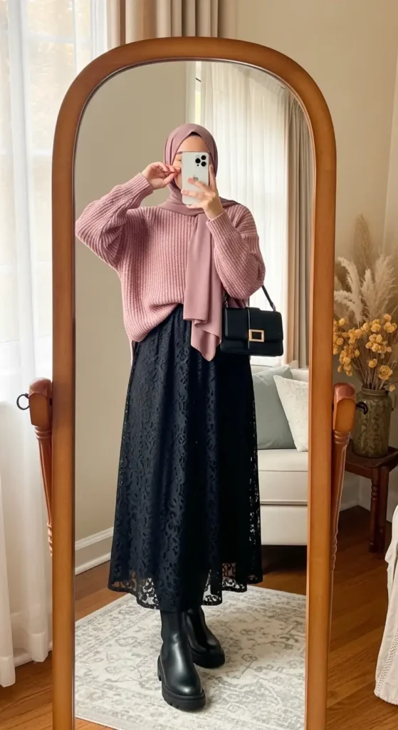 Pink knit sweater paired with black lace skirt in 10 Black Lace Skirt Outfit Ideas with Hijab