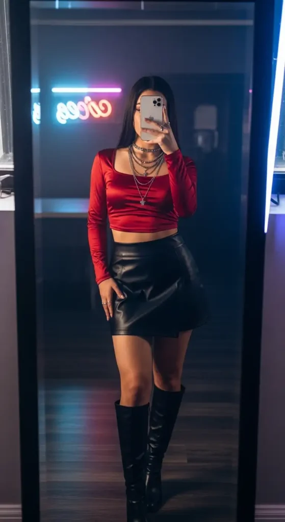 Edgy woman in a red crop top and black leather mini skirt with boots for Birthday Girl Outfit Ideas for Women.