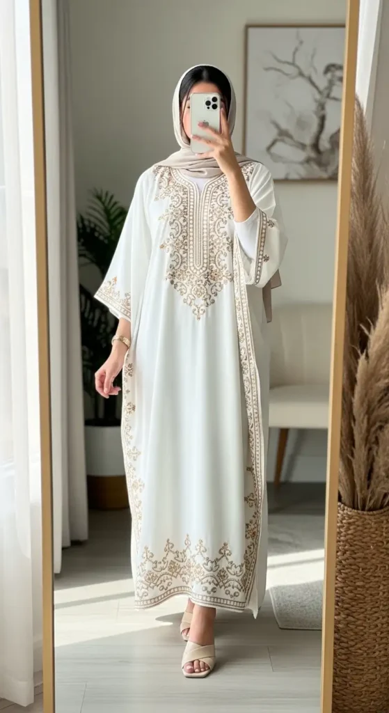 Beautiful white embroidered kaftan with beige hijab for an elegant modest look – Birthday Girl Outfit Ideas With Hijab.