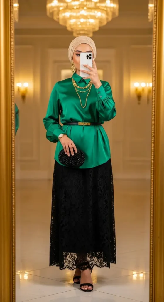 Emerald satin blouse and gold accessories in 10 Black Lace Skirt Outfit Ideas with Hijab