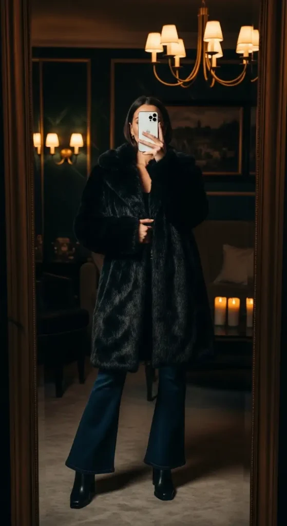 Aesthetic winter outfit ideas with jeans: black faux fur coat with flared jeans in a moody luxury hotel room
