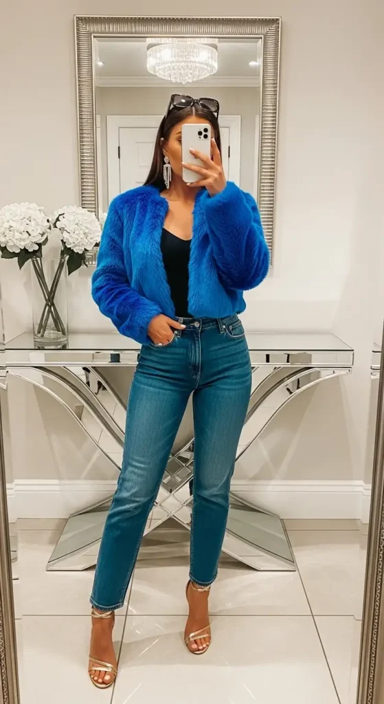 Colorful faux fur with low-rise jeans for Early 2000s Outfit Ideas.