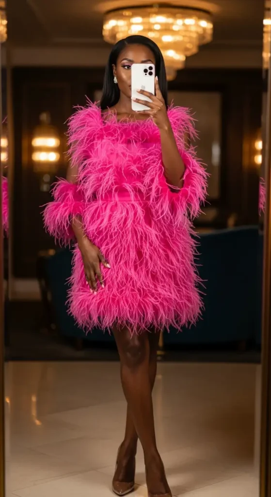 Vibrant pink feathered mini dress for Birthday Girl Outfit Ideas for Black Women.