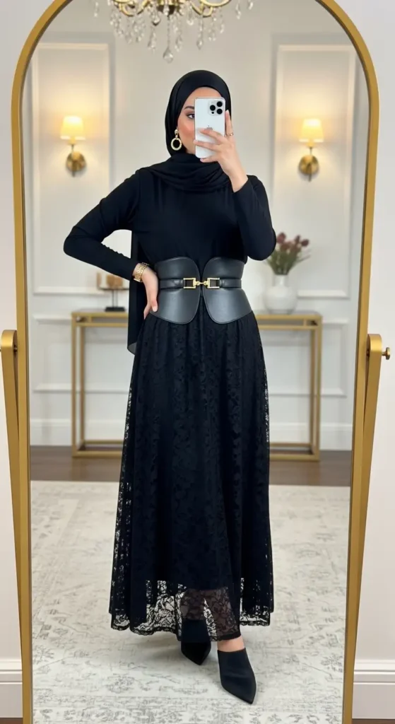 All-black corset belt lace skirt hijab style from 10 Black Lace Skirt Outfit Ideas with Hijab