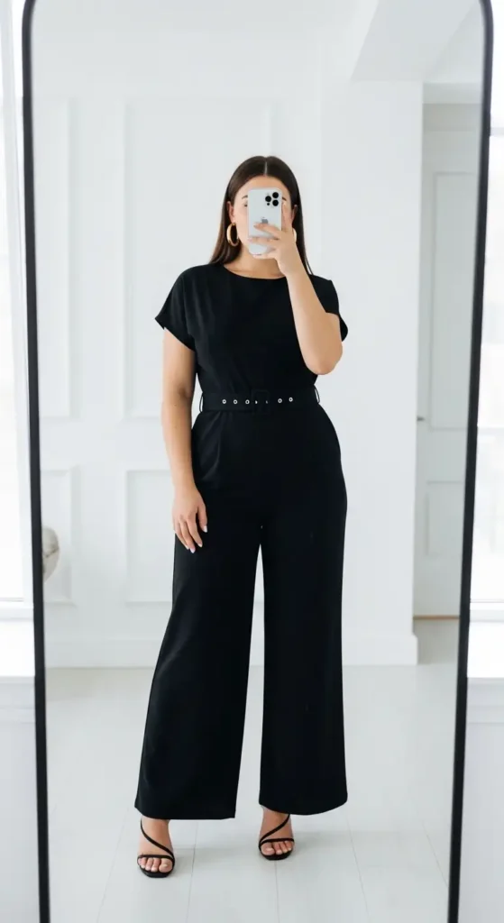 Birthday Photo Shoot Outfit Ideas mirror selfie in a belted black wide-leg jumpsuit with strappy heels