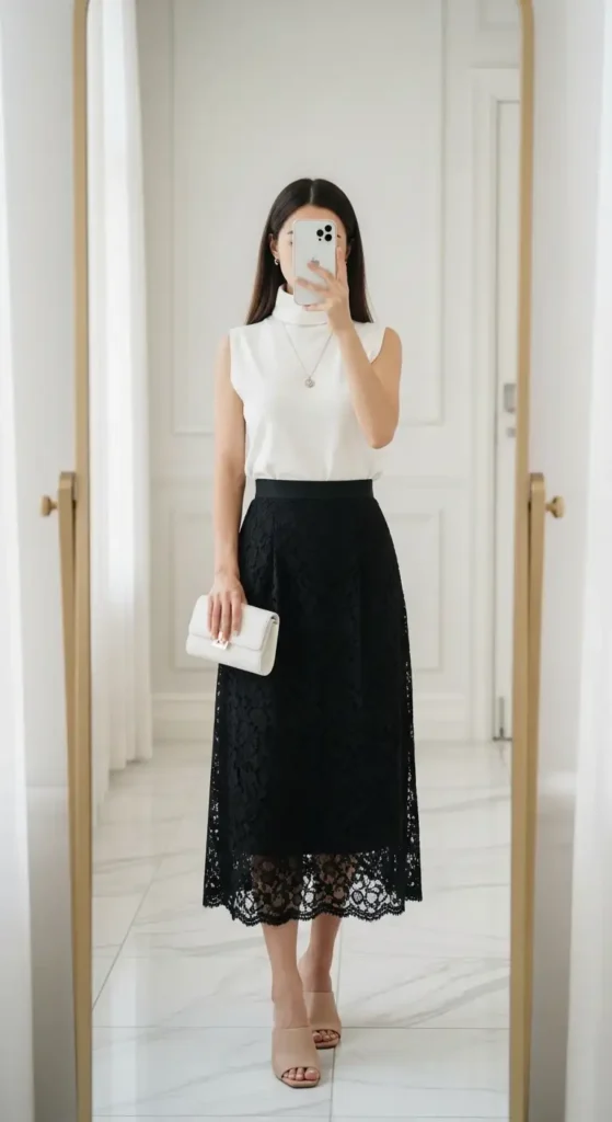 Elegant black lace skirt outfit idea for summer with a white sleeveless turtleneck and nude heels