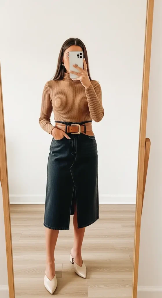 10 black denim skirt outfit ideas: camel ribbed turtleneck, wide statement belt, and midi skirt