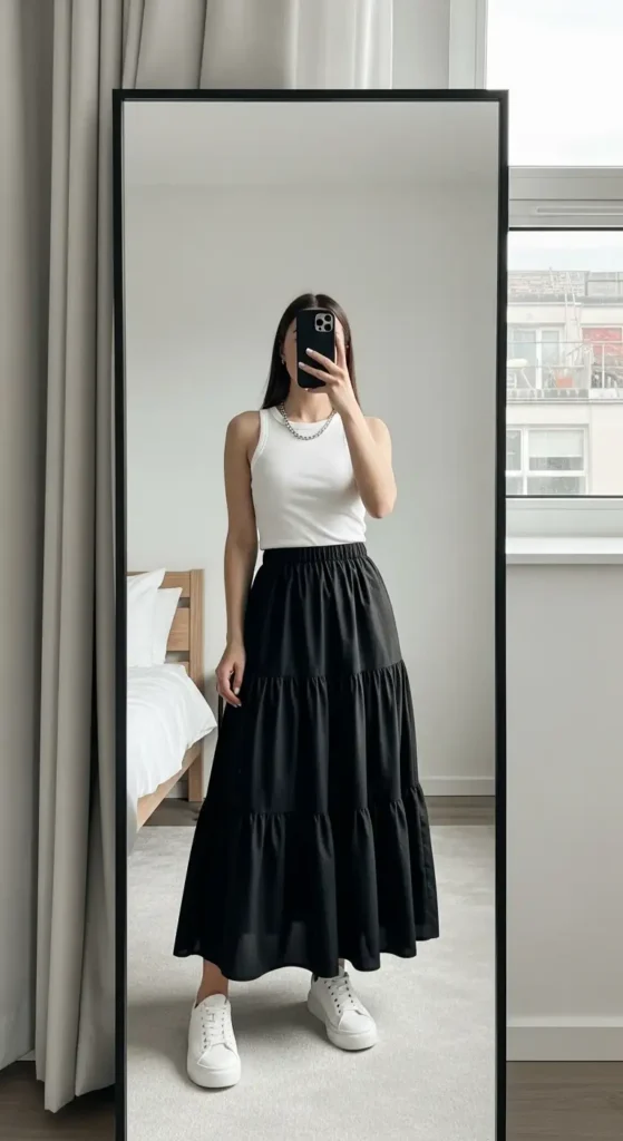 Casual black long skirt outfit idea for summer — white ribbed tank, black tiered skirt, white sneakers