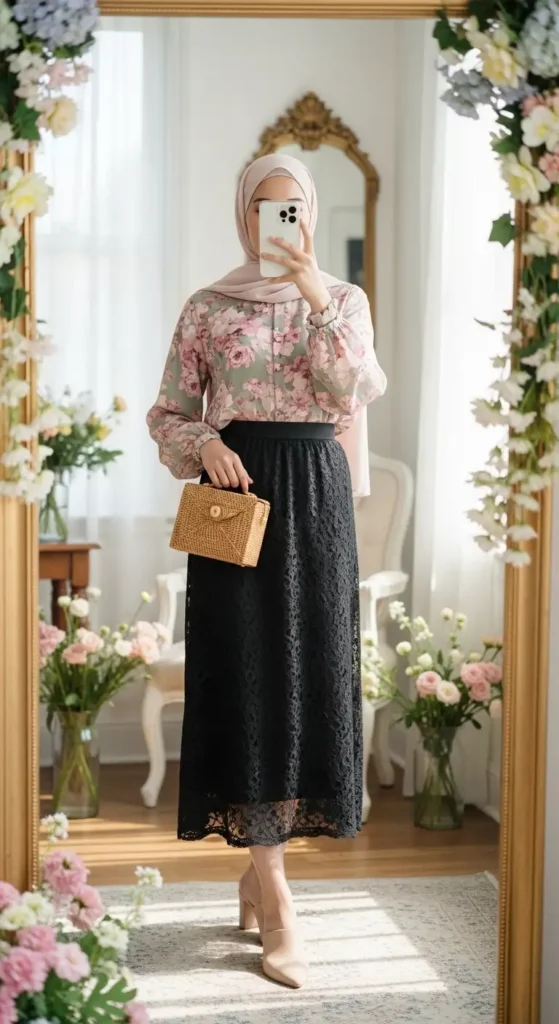 Floral chiffon blouse with black lace midi skirt in 10 Black Lace Skirt Outfit Ideas with Hijab