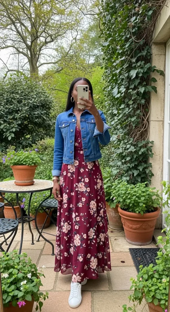Floral maxi dress with denim jacket birthday brunch outfit idea for Black women captured in a garden mirror selfie
