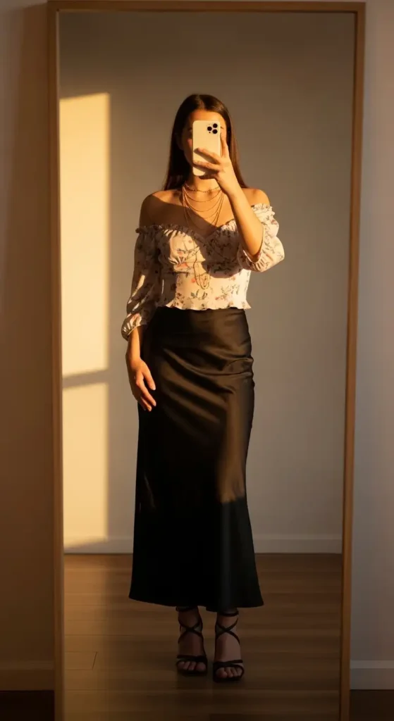 Mirror selfie of a casual black long skirt outfit idea for summer — floral off-shoulder top and satin skirt