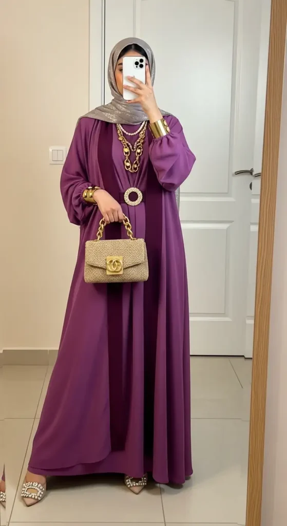 Luxurious purple flowy abaya with bold gold accessories and grey hijab – Birthday Girl Outfit Ideas With Hijab.