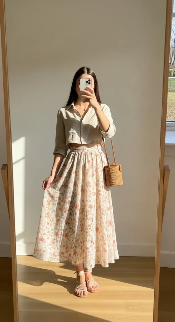 Mirror selfie of a casual and classy aesthetic outfit for summer — flowy floral midi skirt with a linen button-down top
