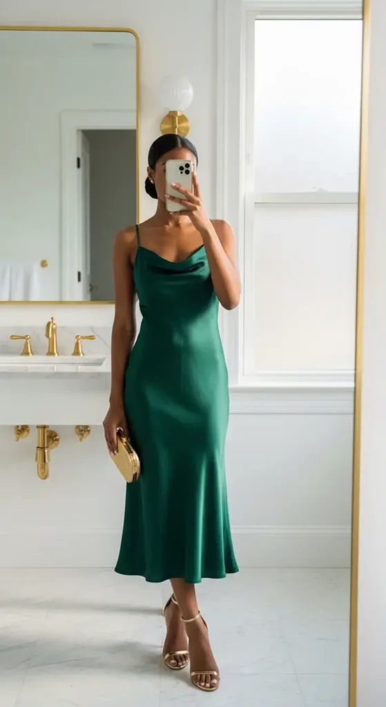 Emerald satin midi dress birthday brunch outfit idea for Black women with gold heels and clutch in bathroom selfie
