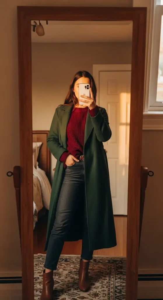 Forest green and burgundy winter uni aesthetic mirror selfie: longline coat, ribbed knit, dark jeans, ankle boots