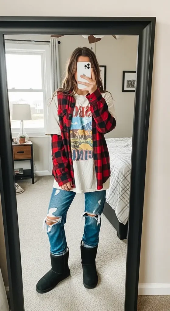 Woman in graphic tee, red plaid flannel, and ripped jeans with Black Ugg Outfit Ideas boots.