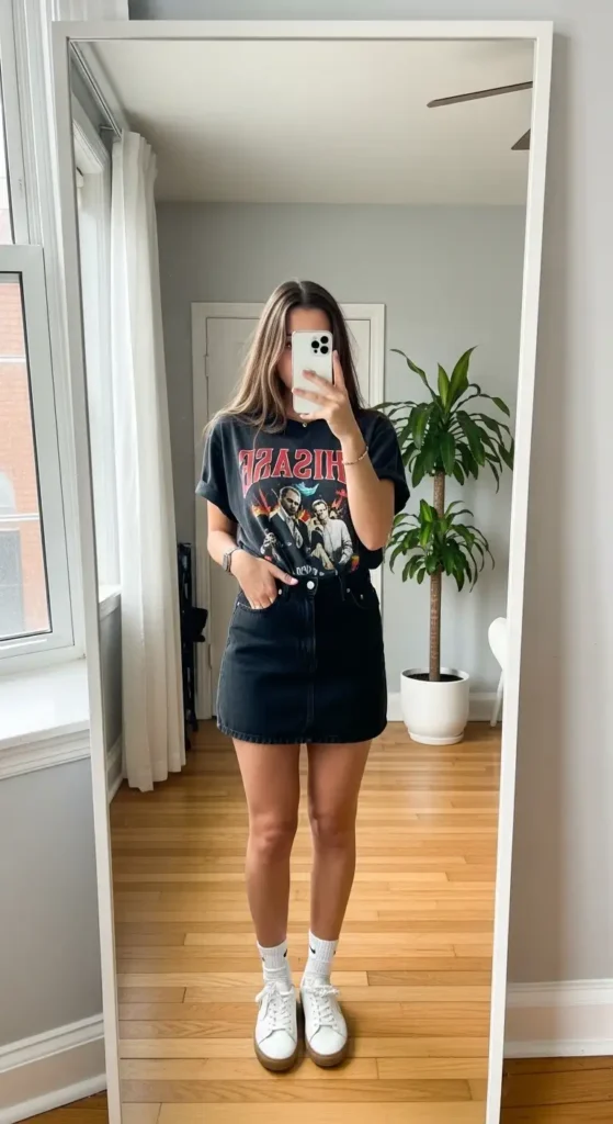 10 black denim skirt outfit ideas: oversized graphic tee, mini skirt, white socks, and sneakers